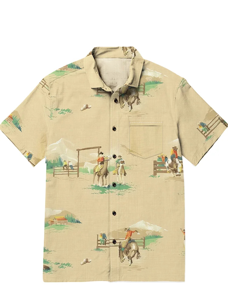 Men's casual western denim patchwork short sleeved pocket shirt