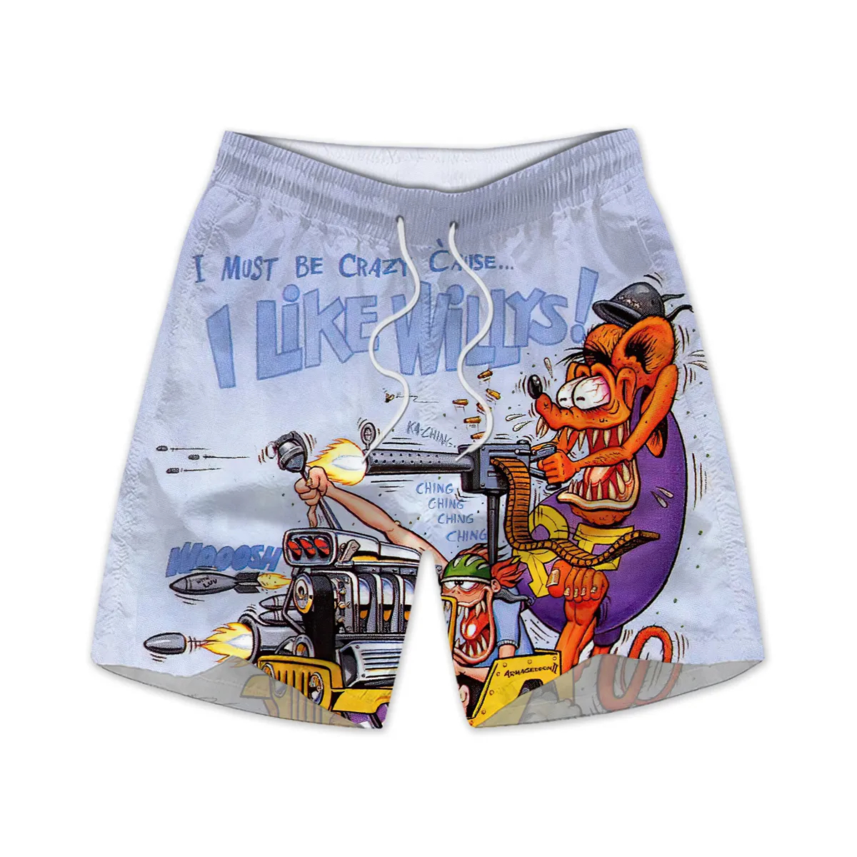 Men's retro cartoon car graphic illustration beach shorts