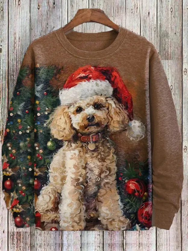 Men's Christmas Tree and Dog Art Print Casual Sweatshirt