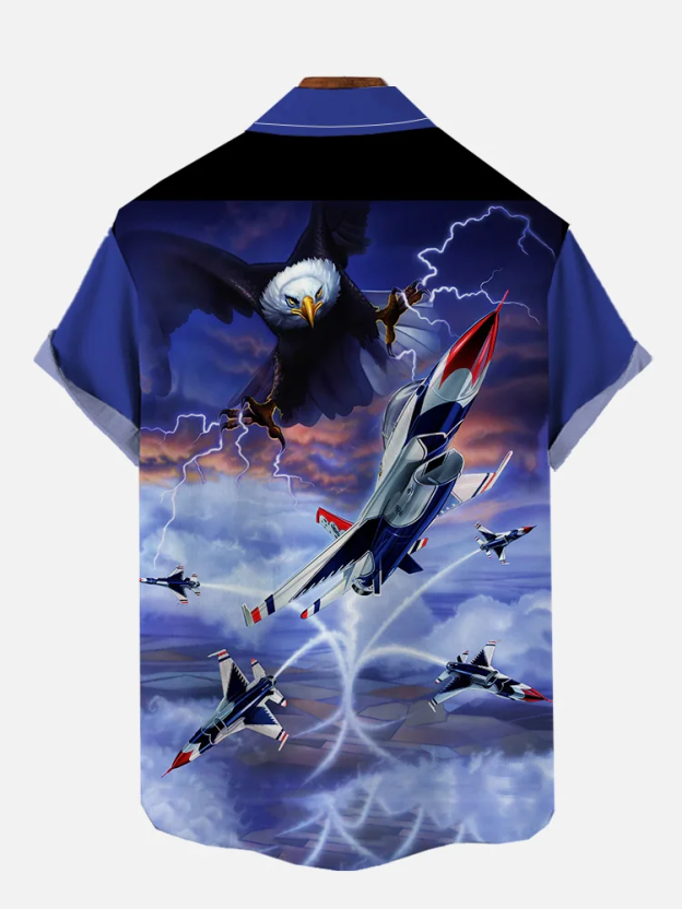 Navy Lightning Fighter and Bald Eagle Print Short Sleeve Shirt