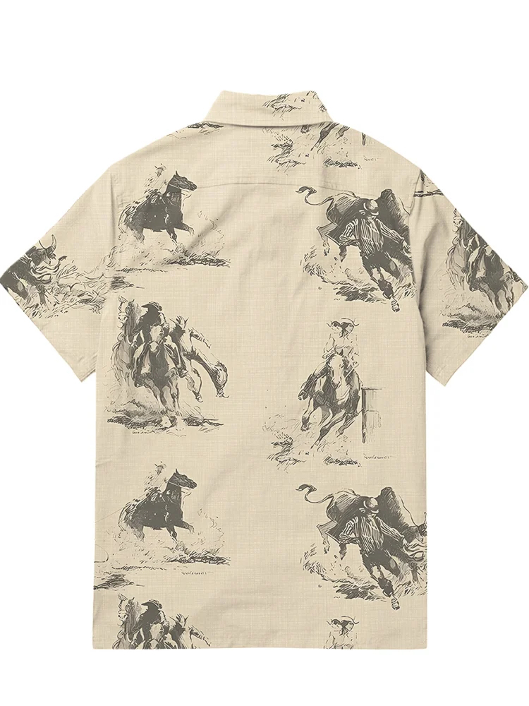 Men's casual wild western denim patchwork short sleeved pocket shirt