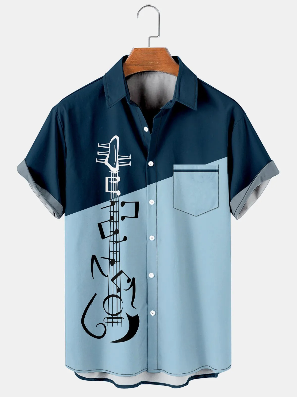 Men's Guitar Note Color Block Casual Lapel Short Sleeve Shirt