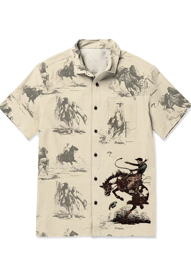 Men's casual wild western denim patchwork short sleeved pocket shirt
