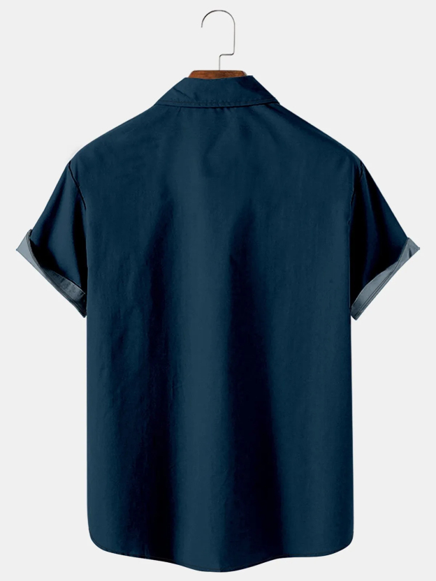 Men's Guitar Note Color Block Casual Lapel Short Sleeve Shirt