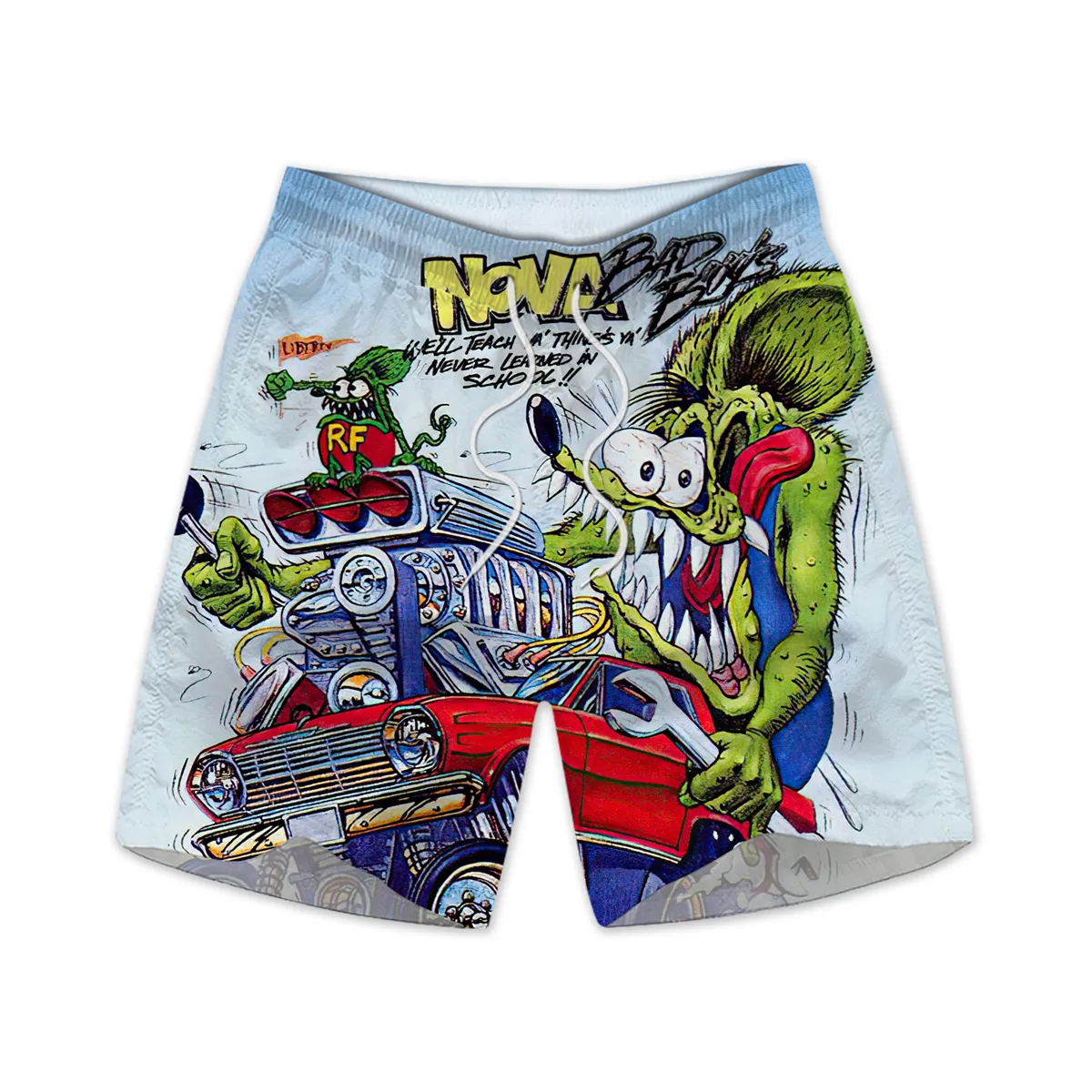 Men's retro cartoon car graphic illustration beach shorts