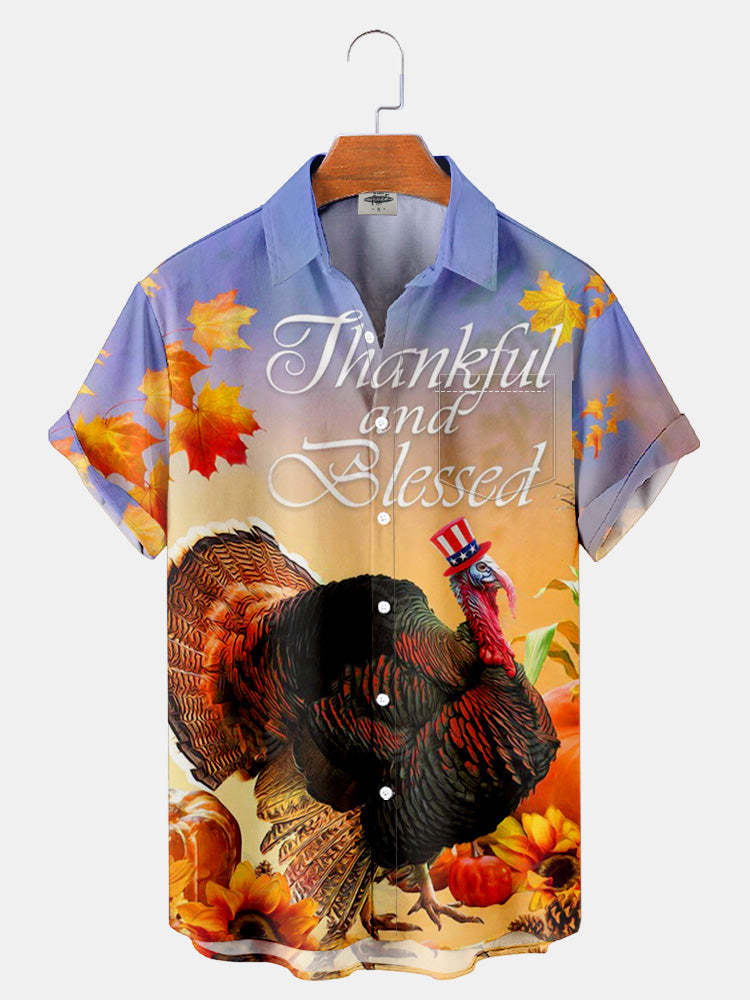  Men'S Thanksgiving Turkey Thanksful And Blessed Printed Shirt