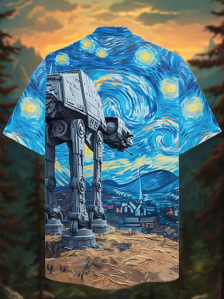 Men's Star Voyage Mechanical Cuban Collar Print Shirt