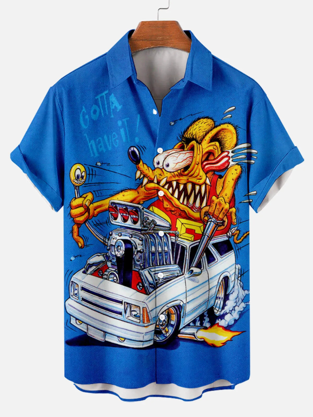 Men's Nostalgic Anime Character Retro Car Short Sleeve Shirt