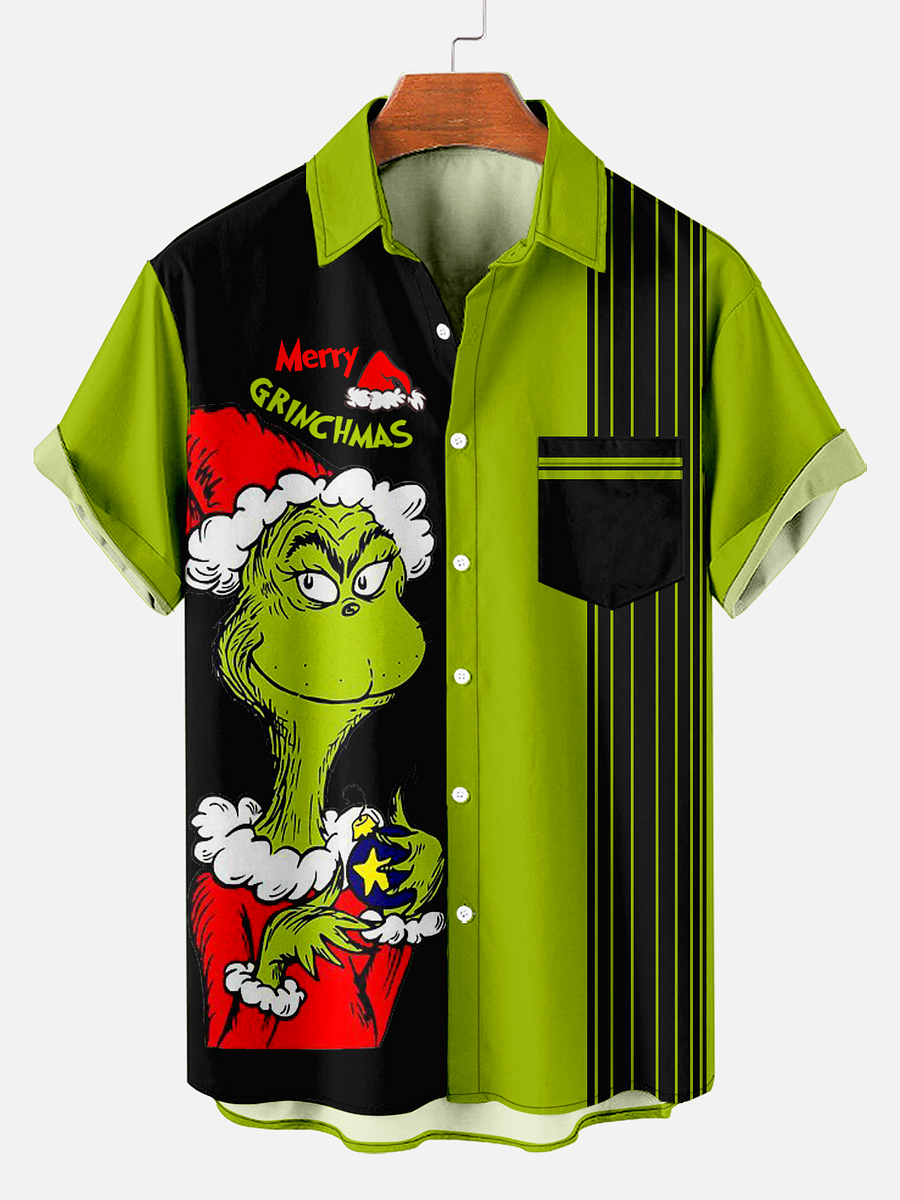 Men's Comfy Christmas Green Fur Monster Chest Pocket Print Shirt