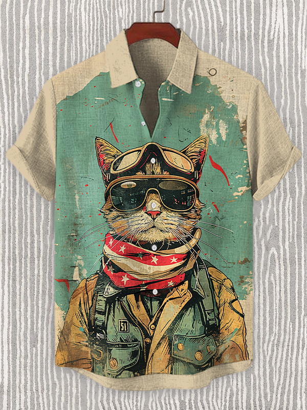 Men's American Soldier Pilot Cat Print Linen Blend Shirt