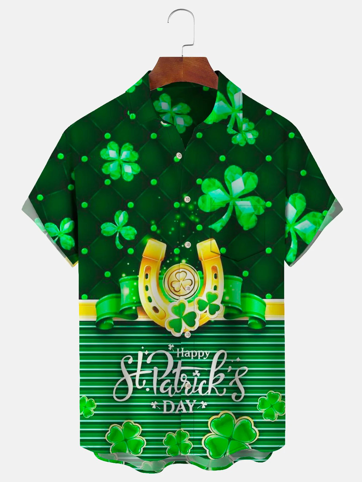 Men's St. Patrick's Day Clover Cartoon Print Casual Short Sleeve Pocket Shirt