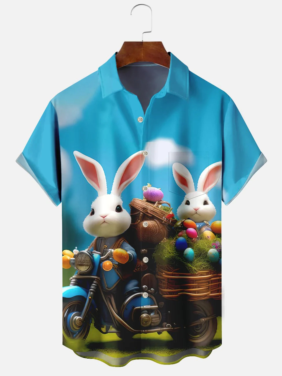 Men's Fun Easter Egg Rabbit Motorcycle Printed Lapel Pocket Short Sleeve Shirt