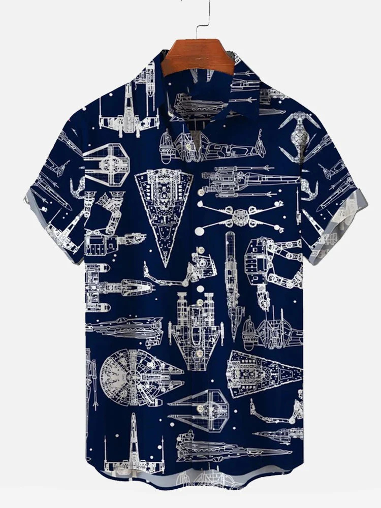 Men's Navy Blue Casual Airplane Lapel Short sleeved Shirt
