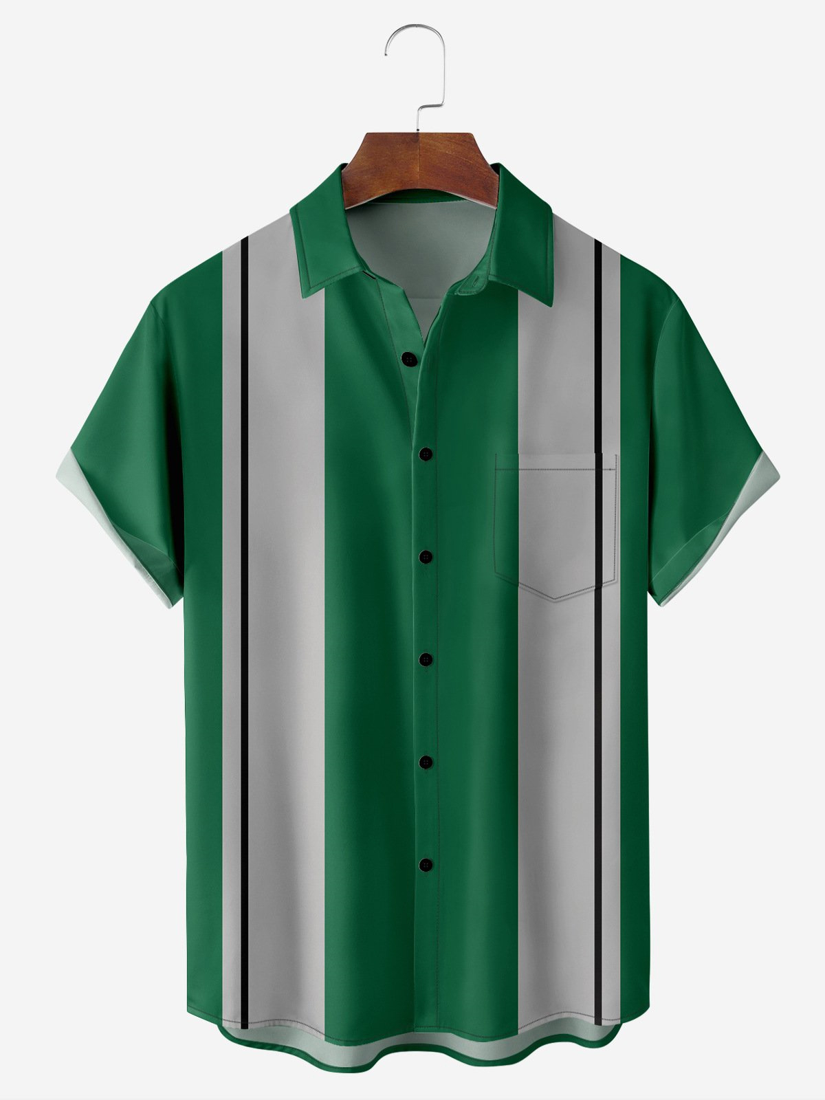 Men's striped contrasting casual short sleeved pocket bowling shirt