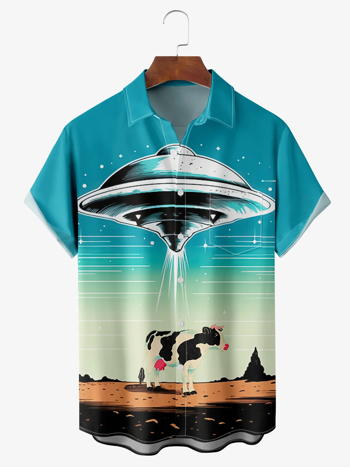 Men's Fun UFO Cow Casual Short Sleeve Pocket Hawaiian Shirt