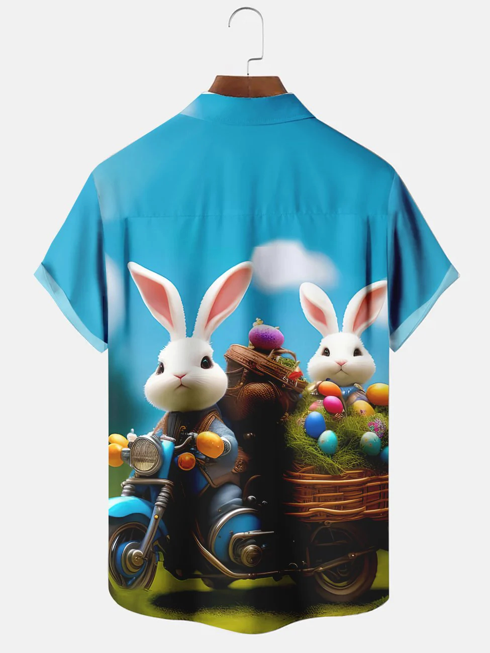 Men's Fun Easter Egg Rabbit Motorcycle Printed Lapel Pocket Short Sleeve Shirt
