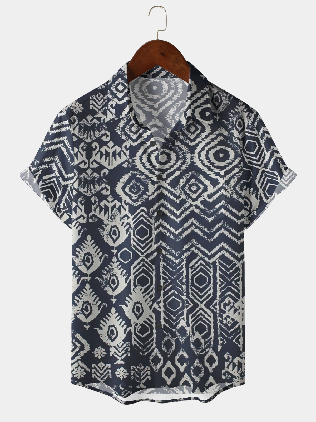 Men's casual retro patterned lapel pocket short sleeved shirt