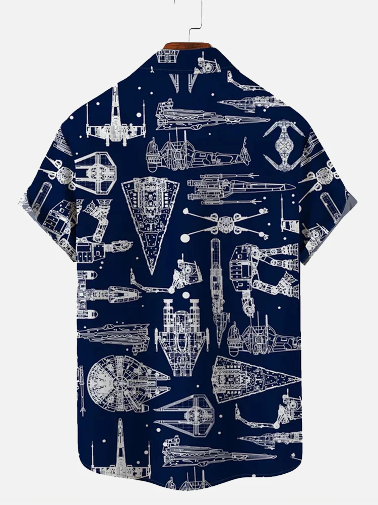 Men's Navy Blue Casual Airplane Lapel Short sleeved Shirt