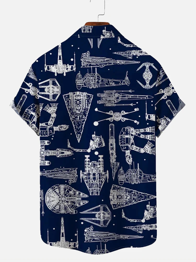 Men's Navy Blue Casual Airplane Lapel Short sleeved Shirt