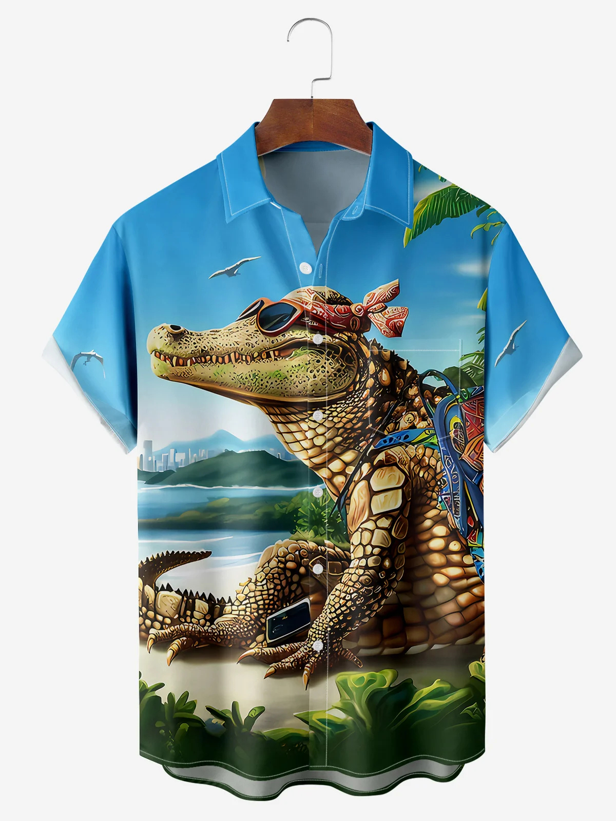 Men's Fun Casual Cartoon Beach Crocodile Short Sleeve Pocket Shirt