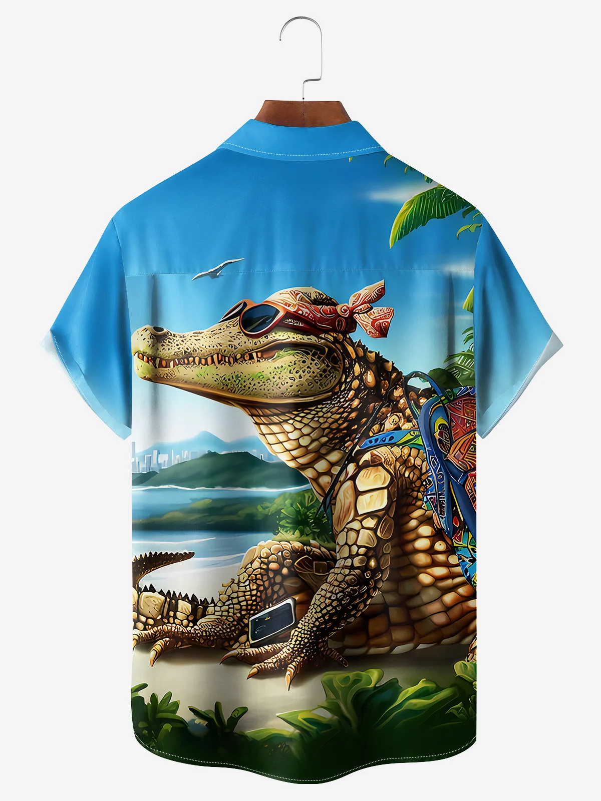 Men's Fun Casual Cartoon Beach Crocodile Short Sleeve Pocket Shirt