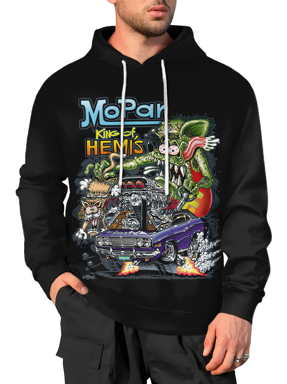 Men's Retro Cartoon Car Graphic Illustration Long Sleeve Hoodie