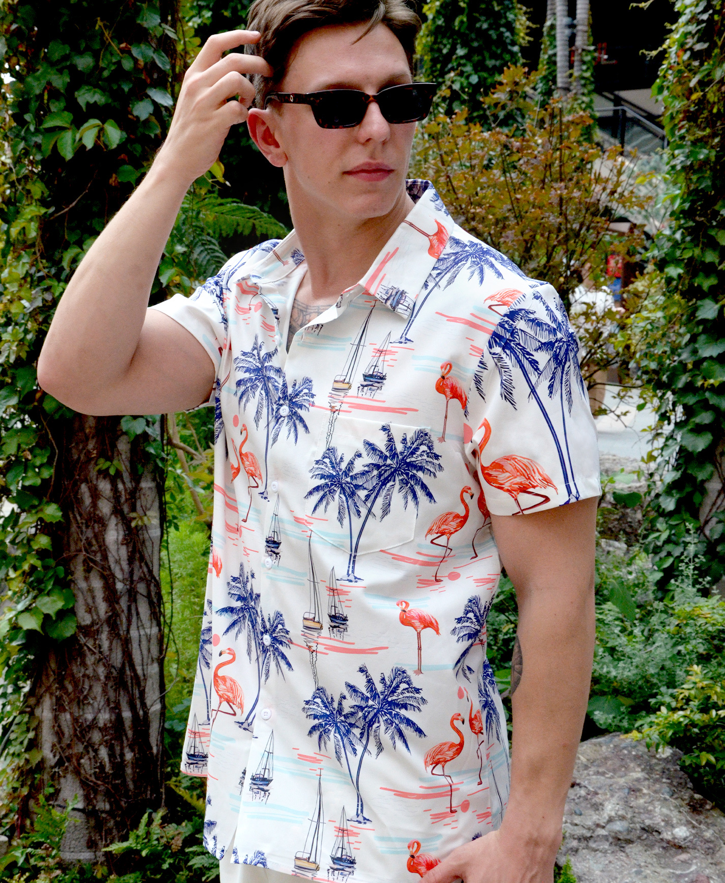 Men's Hawaiian Shirt, Tropical Flamingo Palm Tree Print, Short Sleeve Button Down, White