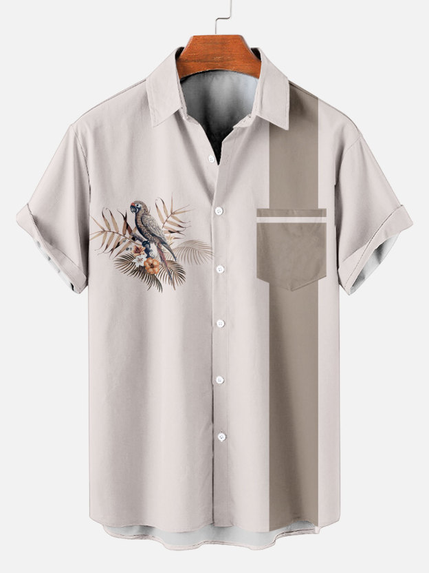Men's Striped Simple Hawaiian Parrot Pattern Short Sleeve Shirt