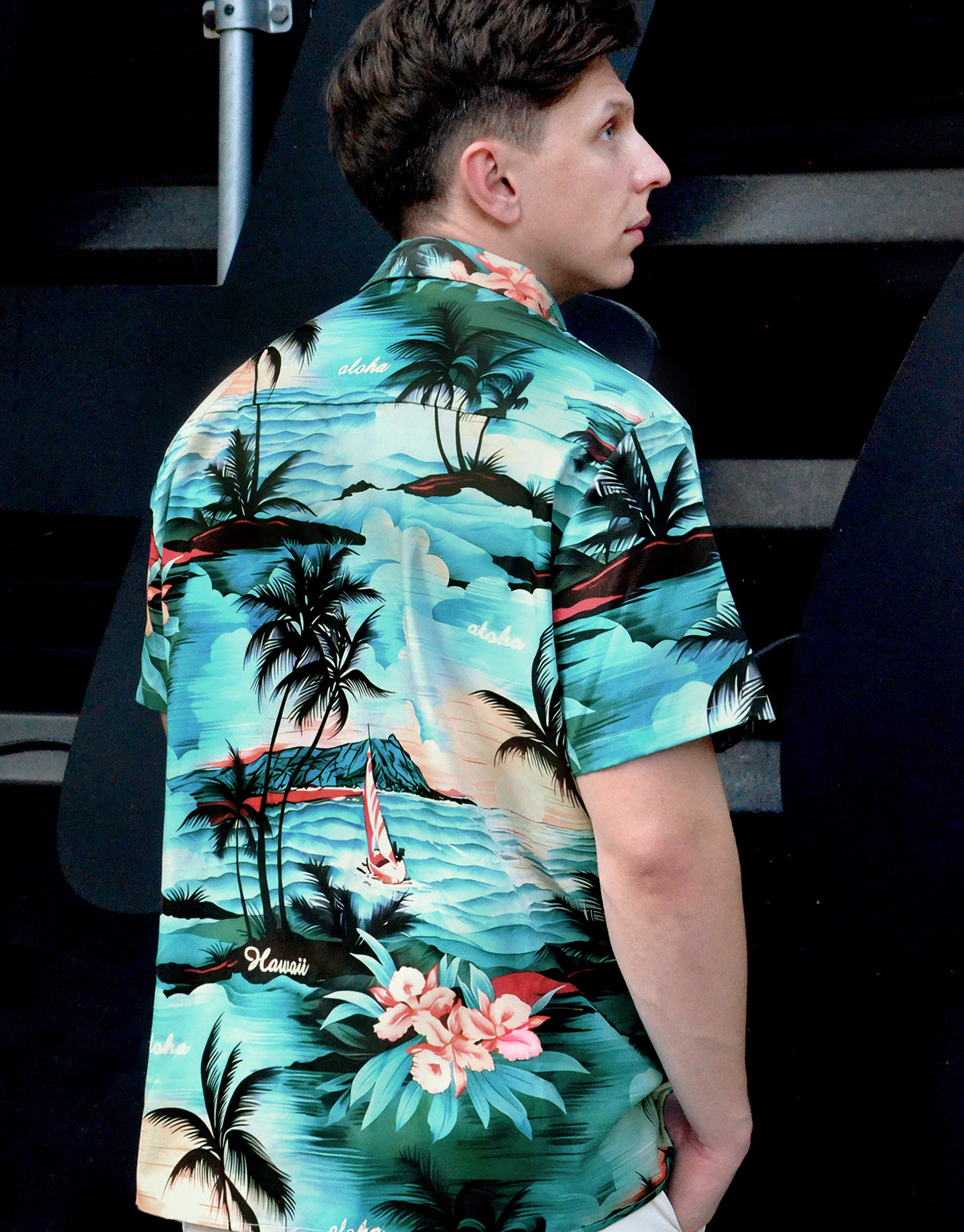 Men's Summer Hawaiian Aloha Shirt, Tropical Palm Beach Print, Short Sleeve Button Down, Turquoise Casual Bowling Shirt