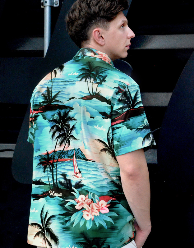 Men's Summer Hawaiian Aloha Shirt, Tropical Palm Beach Print, Short Sleeve Button Down, Turquoise Casual Bowling Shirt