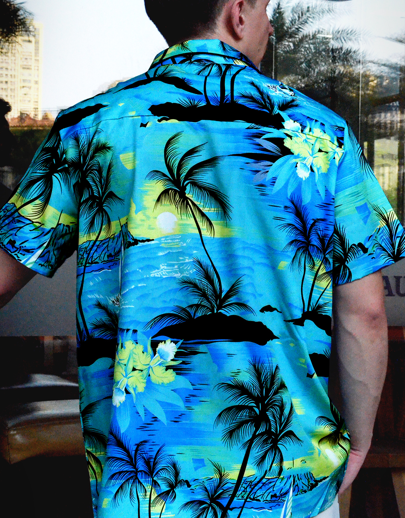 Men's Hawaiian Tropical Beach Print Button Down Shirt, Short Sleeve, Blue and Green Palm Trees