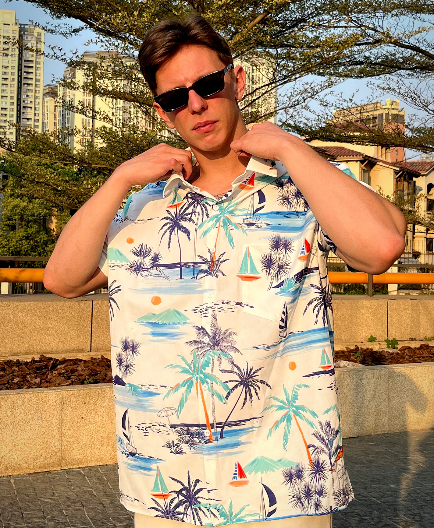 Men's Hawaiian Print Shirt, Short Sleeve Button Down, Tropical Palm Trees and Sailboats Pattern, White