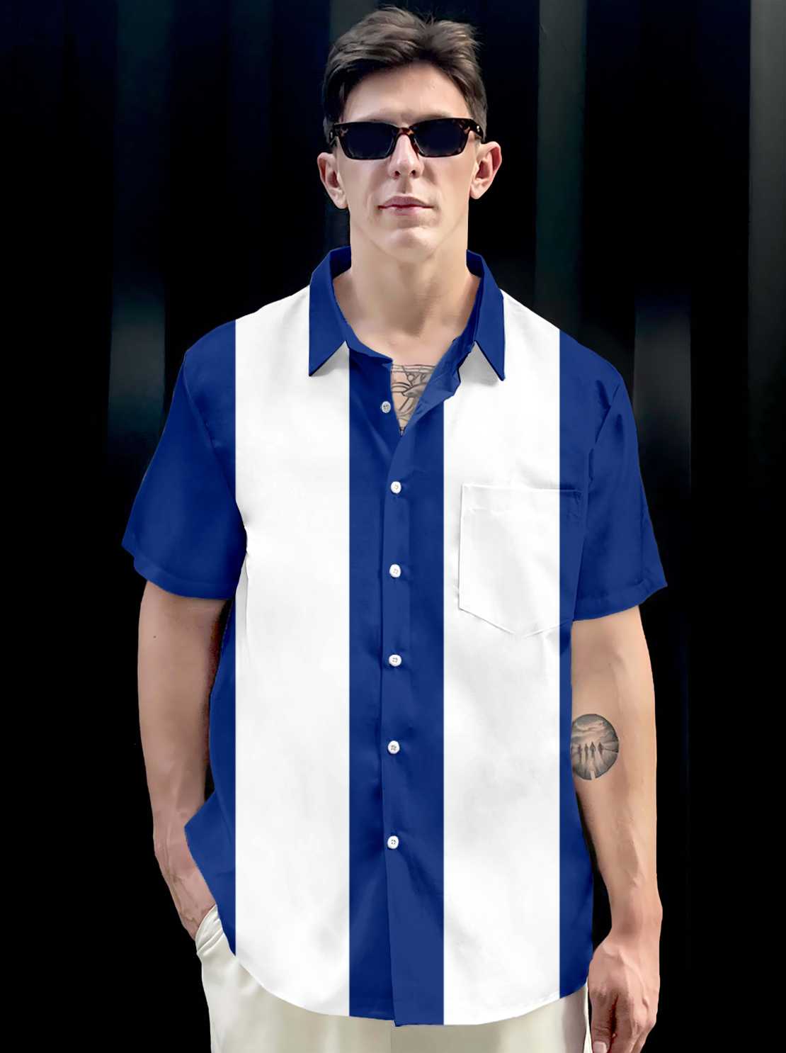Men's Short Sleeve Button Down Shirt, Color Block Design, Blue and White