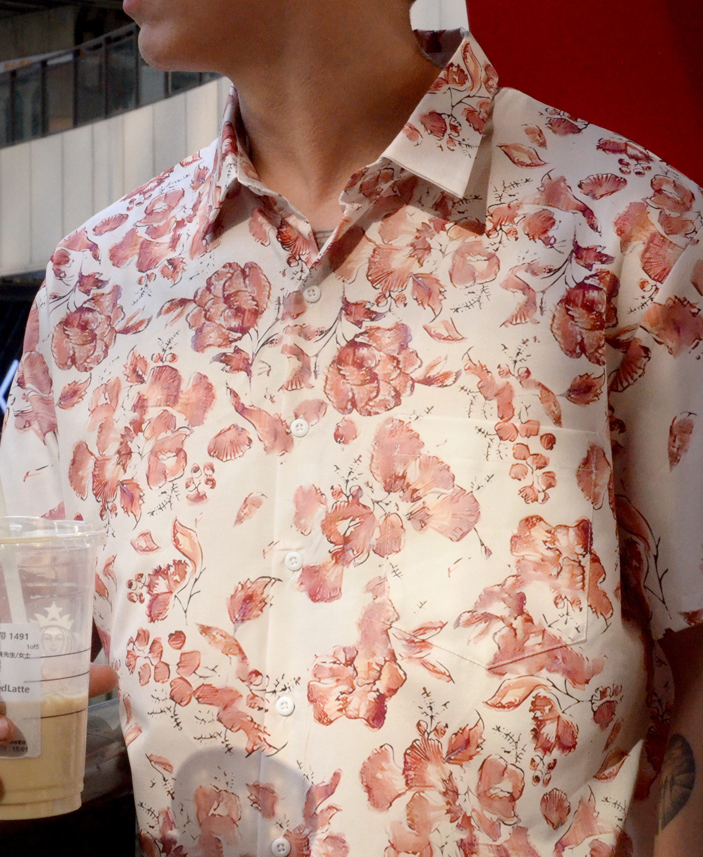 Men's Floral Print Short Sleeve Button Down Shirt, White and Coral Pink, Casual Hawaiian Style