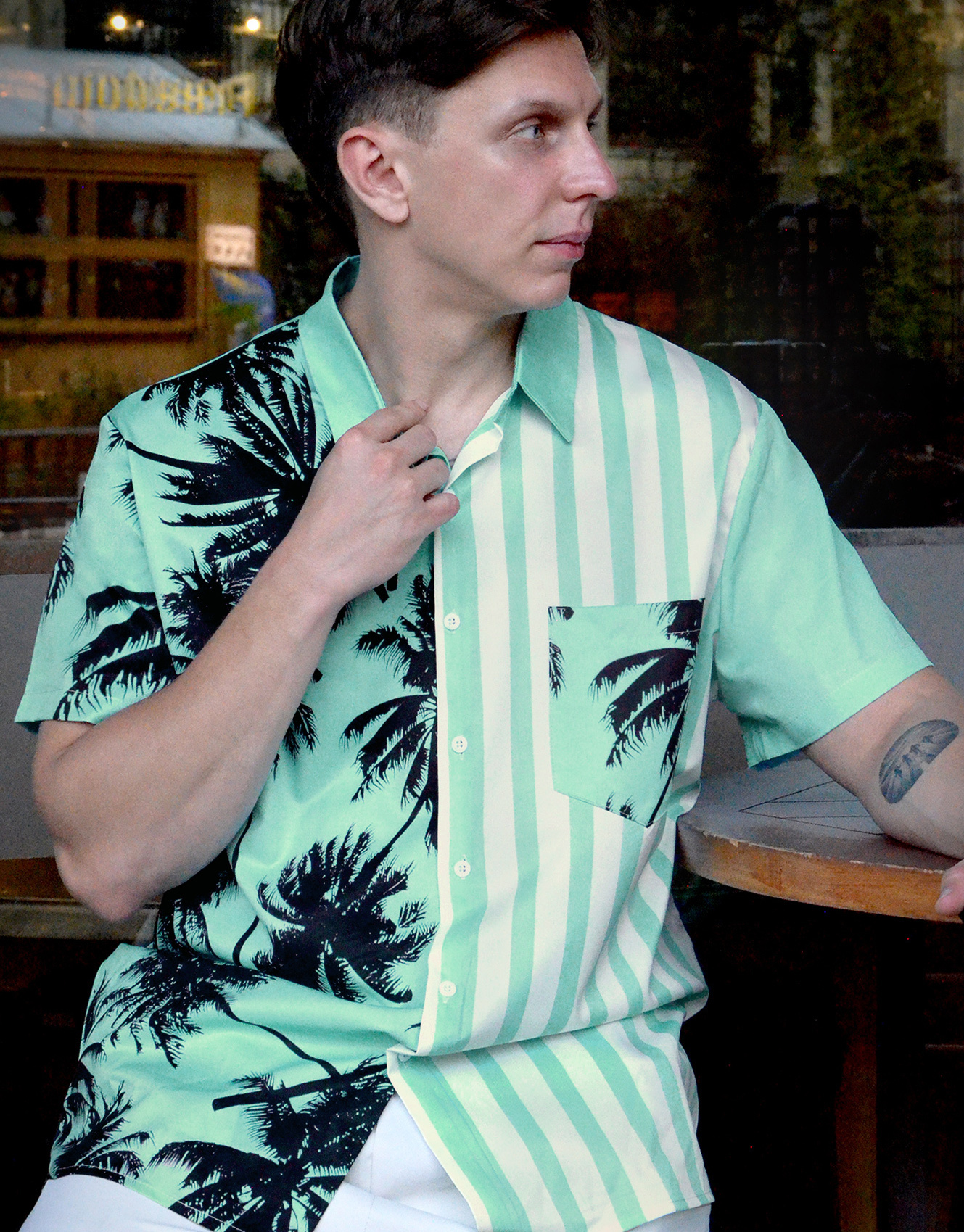 Men's Hawaiian Shirt, Palm Tree Print, Striped Design, Short Sleeve Button Down, Mint Green