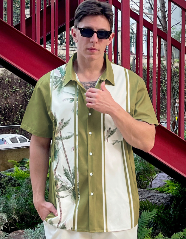 Men's Hawaiian Palm Tree Print Button Down Shirt, Short Sleeve, Olive Green, Casual Beach Style