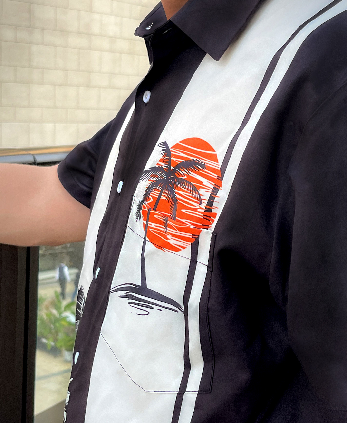 Men's Hawaiian Beach Button Down Shirt, Palm Tree Print, Black and White with Orange Sunset, Short Sleeve