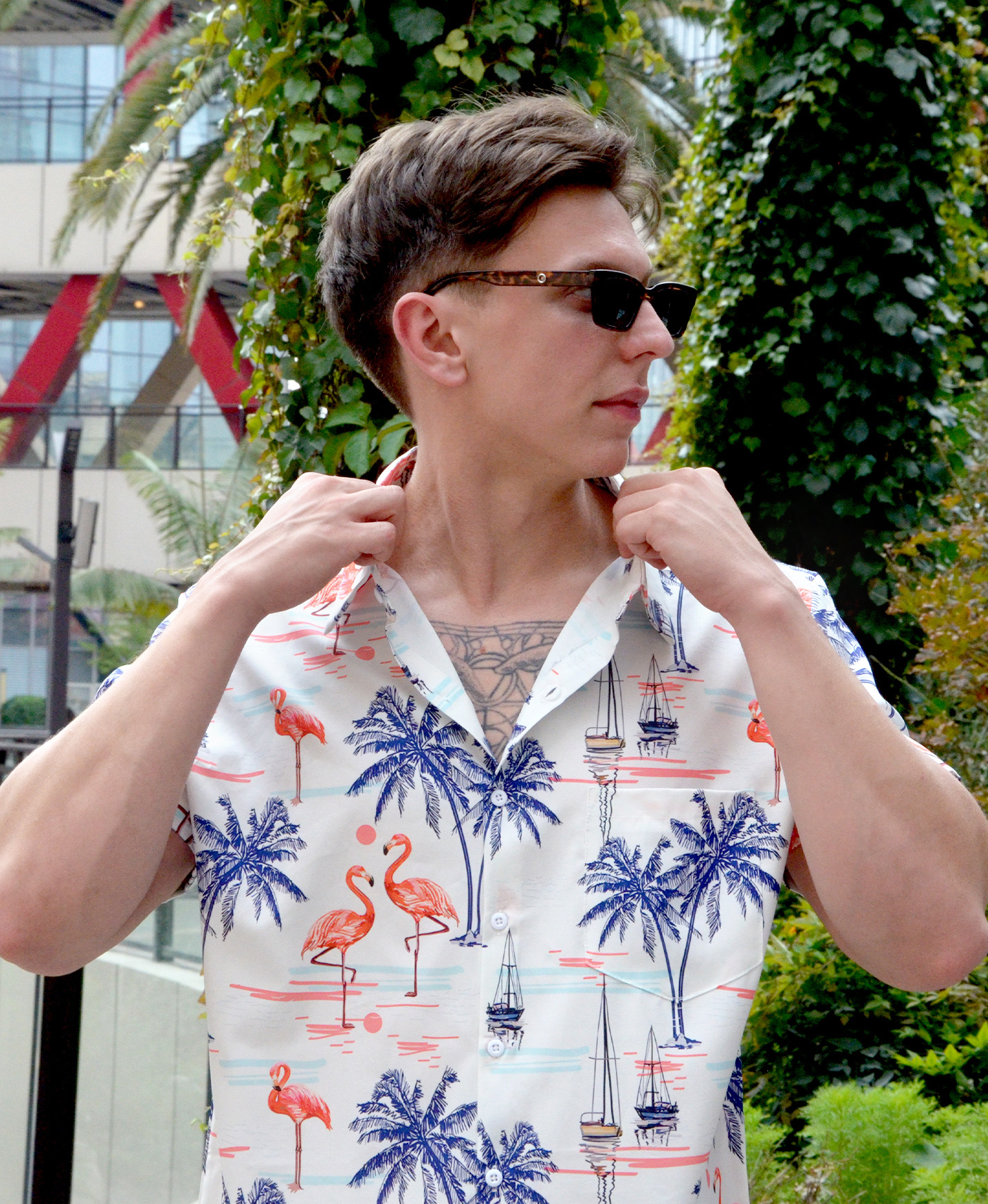 Men's Hawaiian Shirt, Tropical Flamingo Palm Tree Print, Short Sleeve Button Down, White