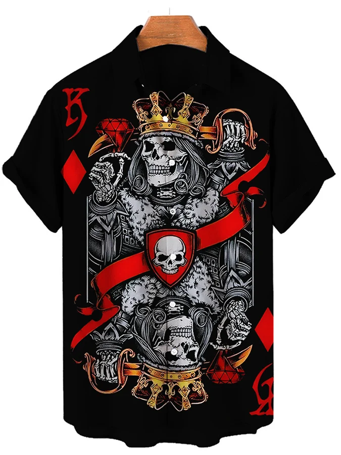 Men's casual poker skull short sleeved pocket shirt