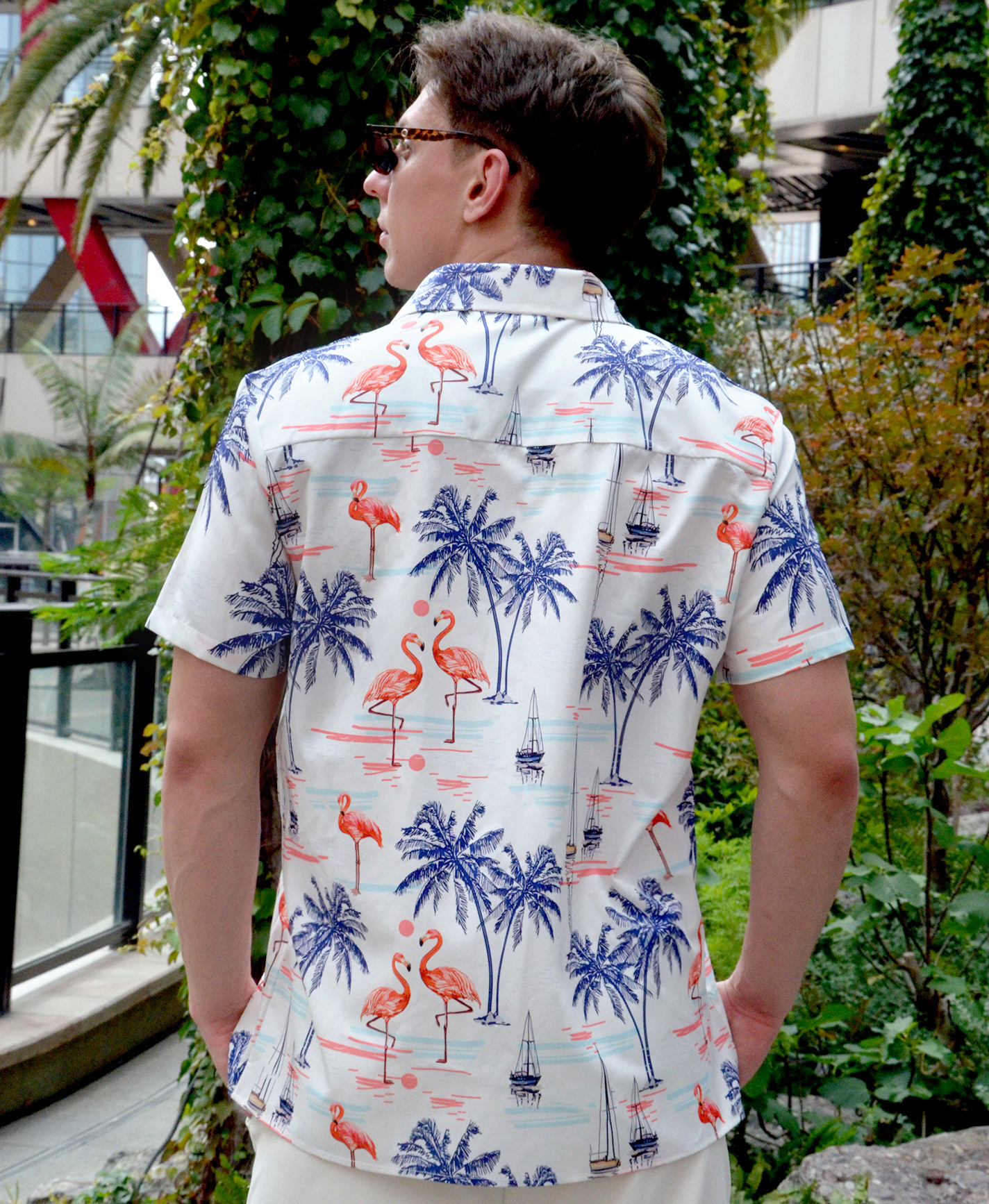 Men's Hawaiian Shirt, Tropical Flamingo Palm Tree Print, Short Sleeve Button Down, White