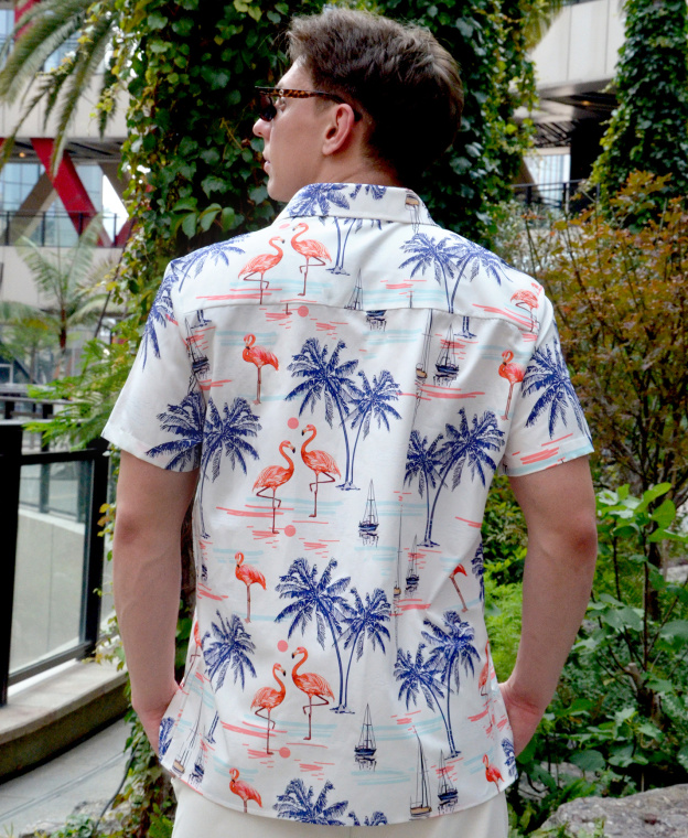 Men's Hawaiian Shirt, Tropical Flamingo Palm Tree Print, Short Sleeve Button Down, White