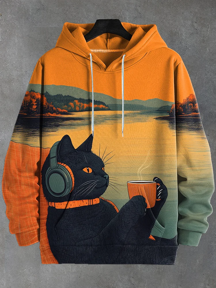 Men's Autumn Riverside Cat Wearing Headphones And Drinking Coffee Print Hooded Sweatshirt