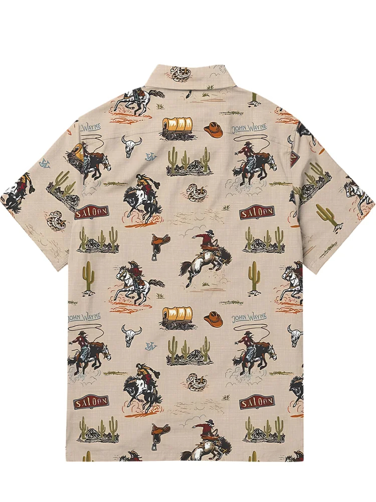 Men's casual retro western denim patchwork short sleeved pocket shirt