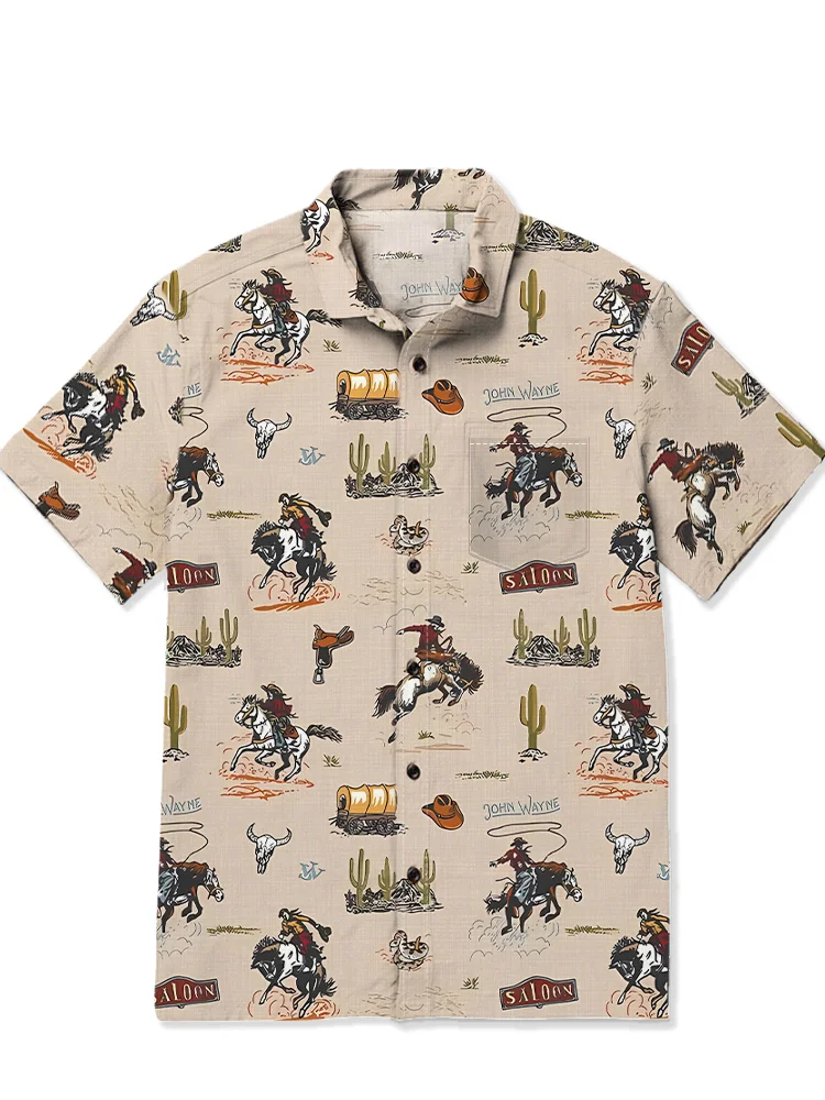 Men's casual retro western denim patchwork short sleeved pocket shirt