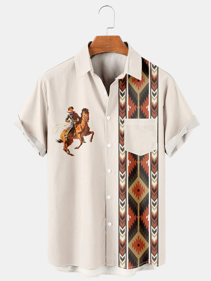 Men's Western Cowboy Style Graphic Short Sleeve Shirt