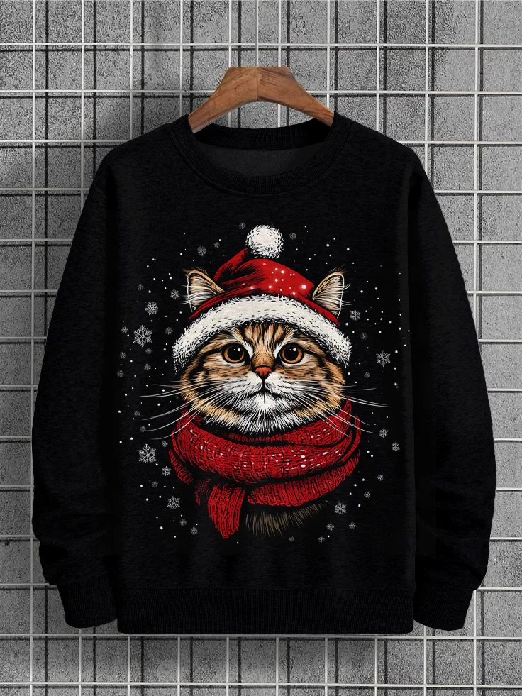 Men's Christmas Cat Snowflakes Print Casual Sweatshirt