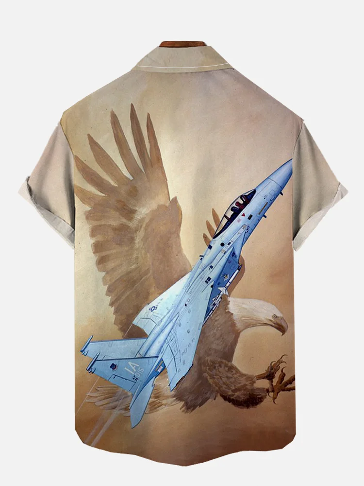 Men's Space Tech Fighter and Eagle Print Short Sleeve Shirt