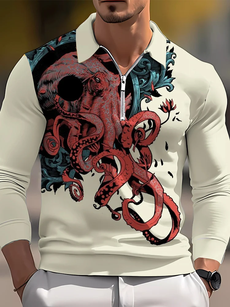 Men's casual art graphic zip long sleeve polo shirt