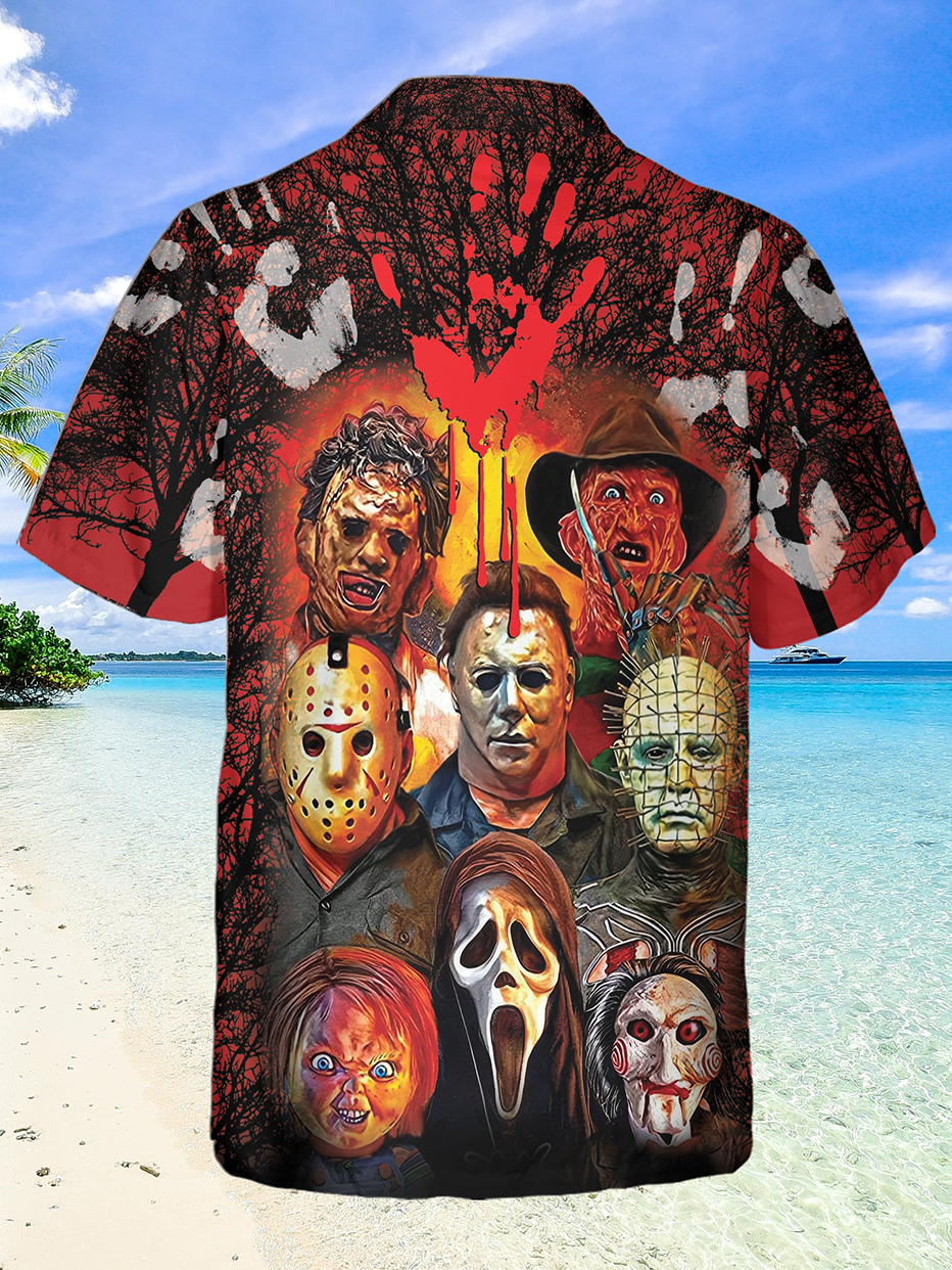 Halloween Horror Movie Character Print Short Sleeve Cuban Collar Shirt