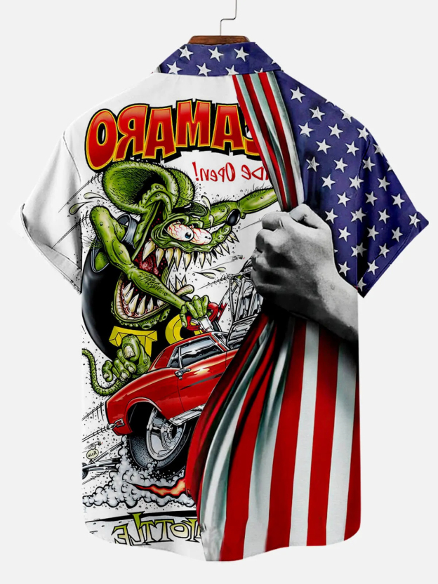 Men's Nostalgic Anime Character Retro Car Short Sleeve Shirt